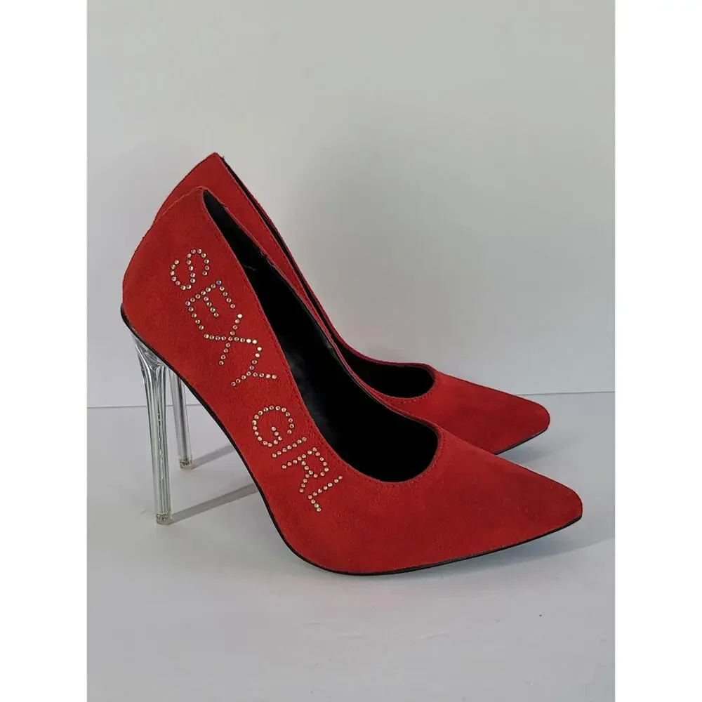 CATHY DIN Red Jeweled Sexy Girl Faux Suede Stiletto Heel Pumps Shoes Size 6